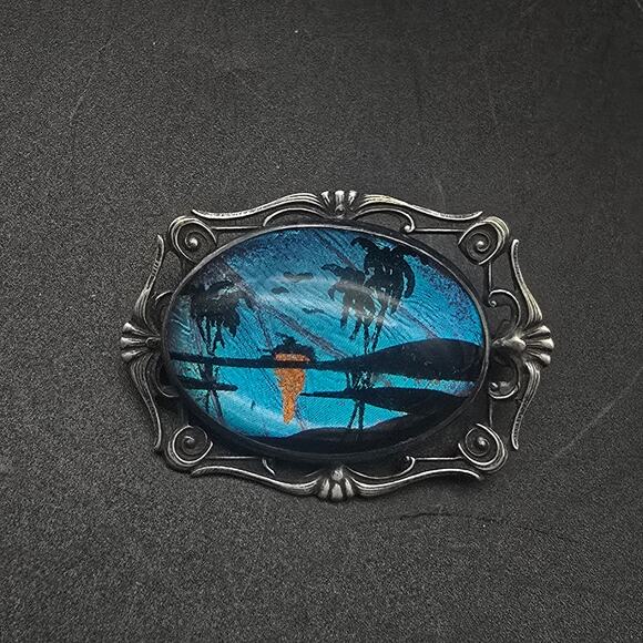 Sterling Silver Butterfly Wing Beach Scene Brooch Vintage Morpho Jewelry - Picture 4 of 5
